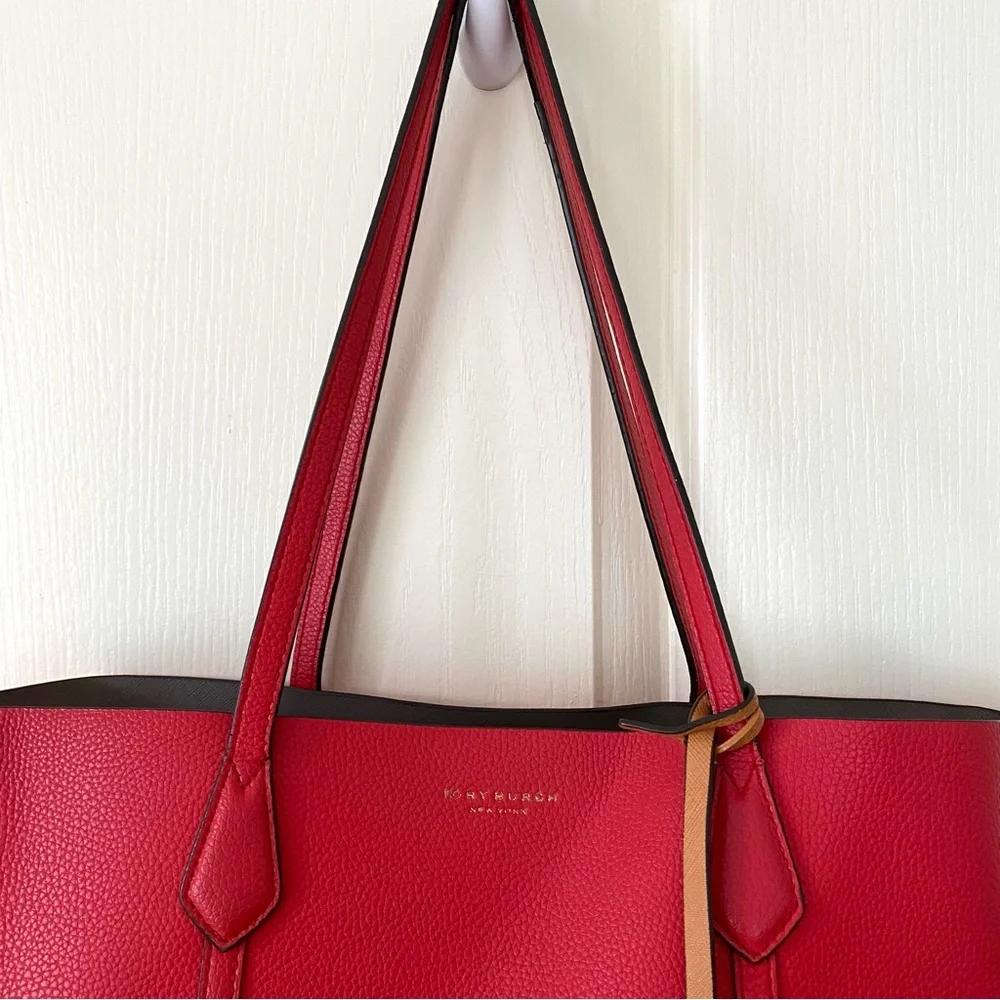 Tory Burch Perry Red Pebble Leather Triple Compartment Tote/Shoulder Bag - Picture 4 of 16